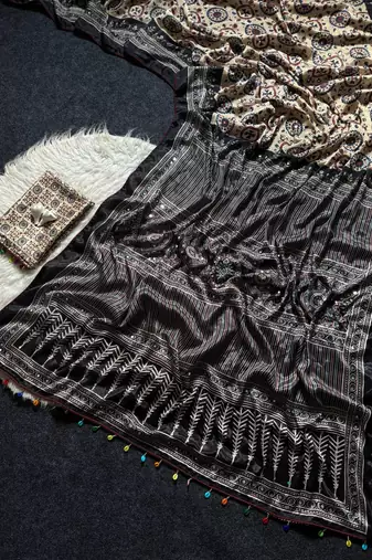Cream And Black Color ajarakh Print And All Saree Real Mirror work Silk Saree