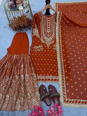 rust orange georgette embroidered sequin sharara 4