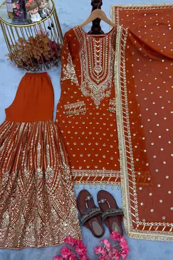 rust orange georgette embroidered sequin sharara