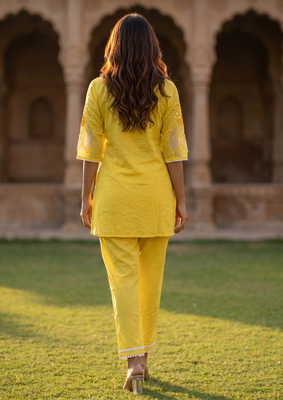 Yellow embroidered rayon kurta and pant set 4