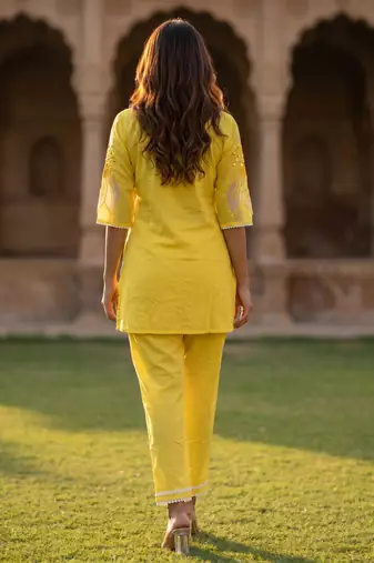 Yellow embroidered rayon kurta and pant set