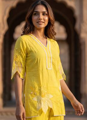 Yellow embroidered rayon kurta and pant set 5