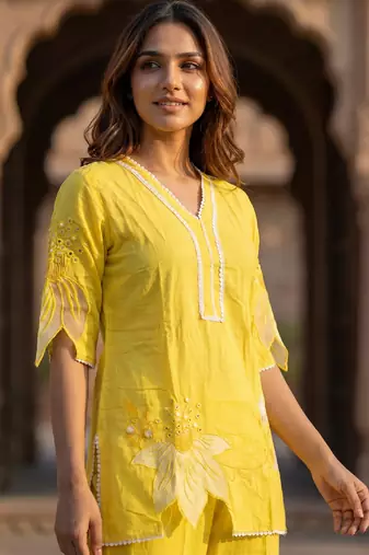 Yellow embroidered rayon kurta and pant set