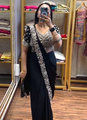 black embroidery sequin chinon pre-stitched saree 1