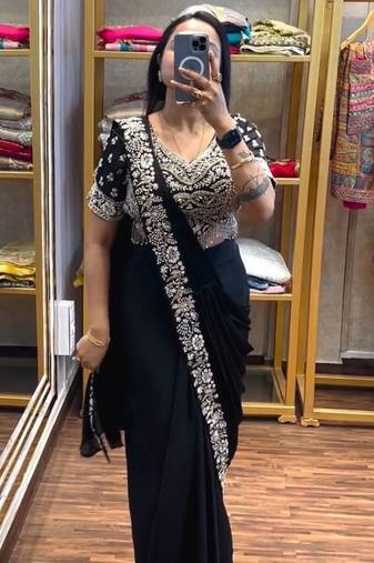 black embroidery sequin chinon ready to wear saree