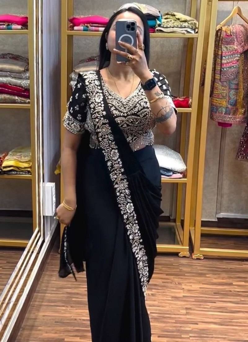 black embroidery sequin chinon ready to wear saree