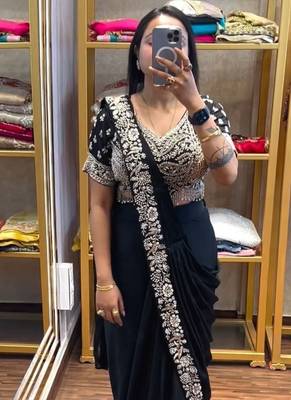 black embroidery sequin chinon pre-stitched saree 2