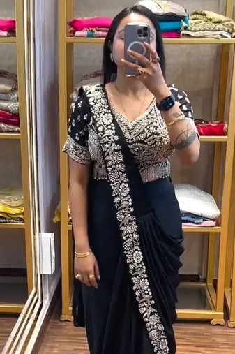 black embroidery sequin chinon pre-stitched saree