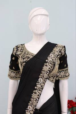 black embroidery sequin chinon pre-stitched saree 3
