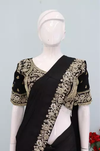 black embroidery sequin chinon pre-stitched saree
