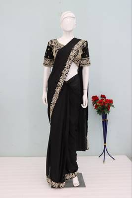 black embroidery sequin chinon pre-stitched saree 4