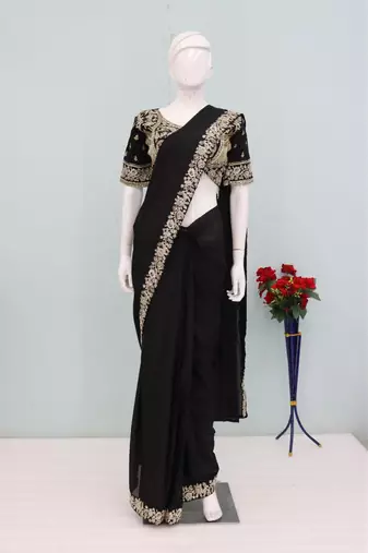 black embroidery sequin chinon pre-stitched saree