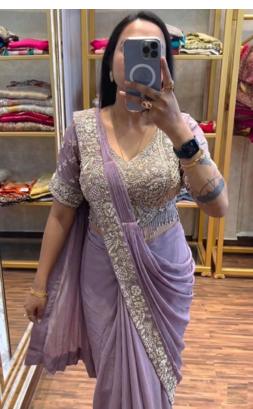 lavender embroidery sequin chinon ready to wear saree 1
