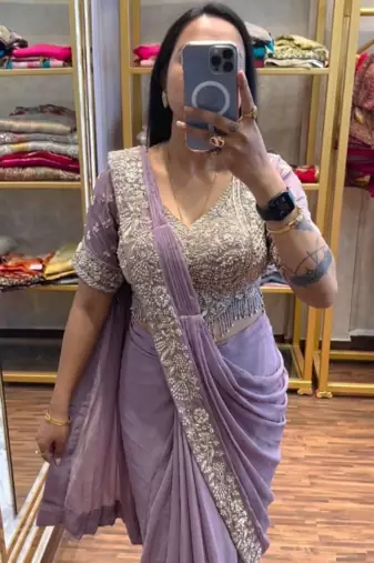 lavender embroidery sequin chinon ready to wear saree