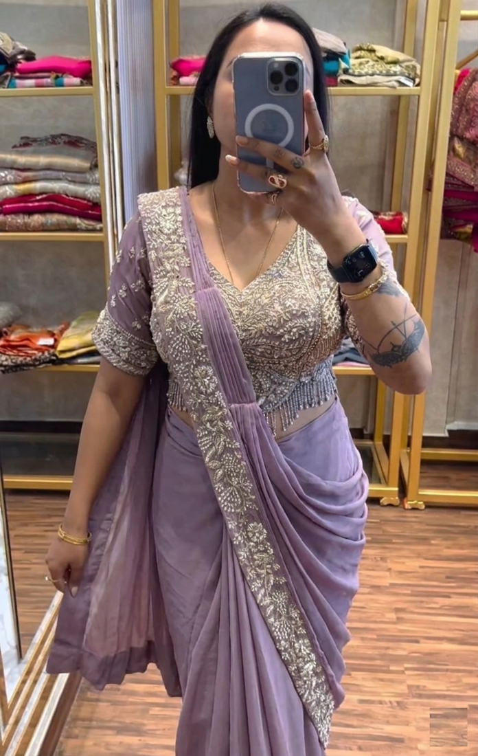 lavender embroidery sequin chinon ready to wear saree
