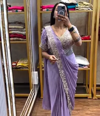 lavender embroidery sequin chinon ready to wear saree