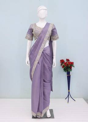 lavender embroidery sequin chinon ready to wear saree 4