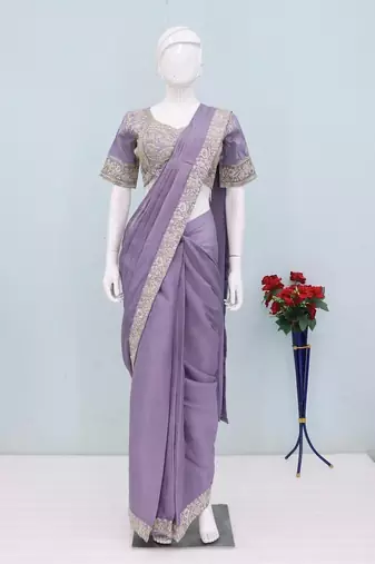 lavender embroidery sequin chinon ready to wear saree
