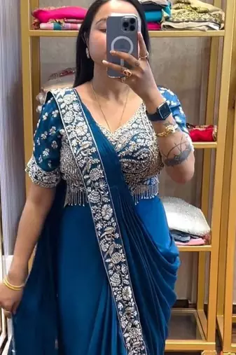 teal embroidery sequin chinon ready to wear saree