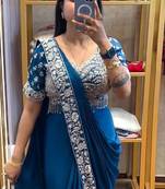 teal embroidery sequin chinon ready to wear saree