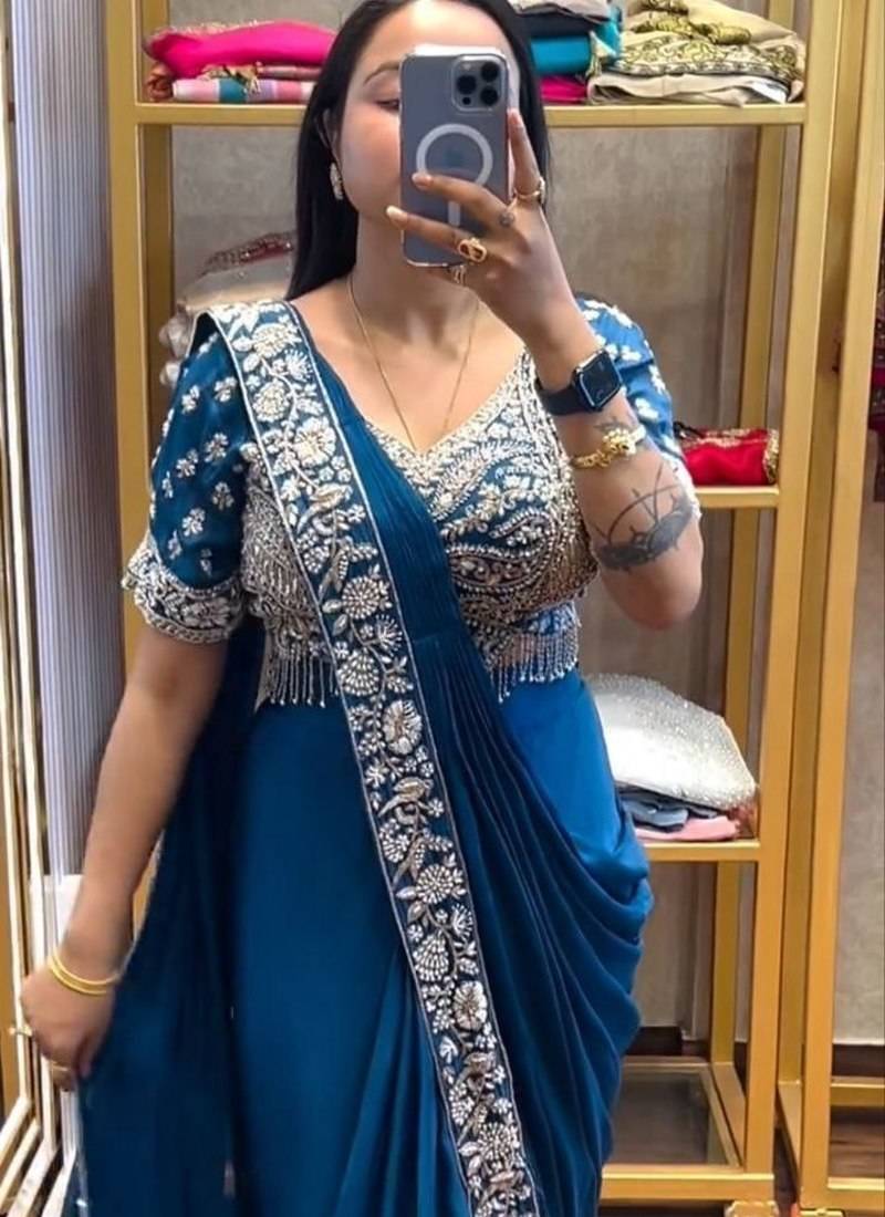 teal embroidery sequin chinon ready to wear saree