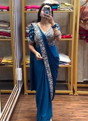 teal embroidery sequin chinon pre draped saree 2