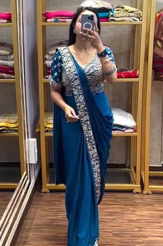 teal embroidery sequin chinon pre draped saree