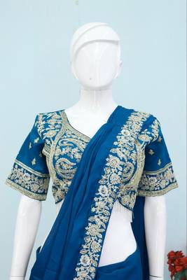 teal embroidery sequin chinon pre draped saree 3