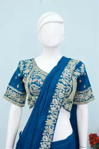 teal embroidery sequin chinon pre draped saree