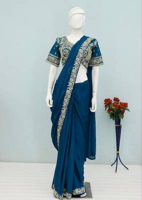 teal embroidery sequin chinon pre draped saree 4