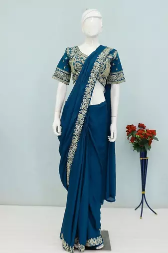 teal embroidery sequin chinon pre draped saree