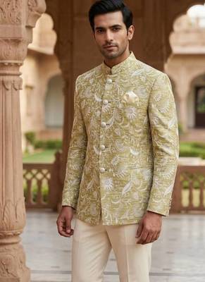 Beige color jecquard jodhpuri for men | premium designer bandhgala ethnic wear 1