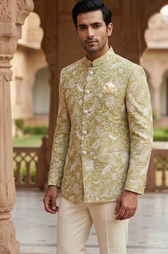 Beige color jecquard jodhpuri for men | premium designer bandhgala ethnic wear
