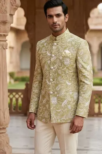 Beige color jecquard jodhpuri for men | premium designer bandhgala ethnic wear
