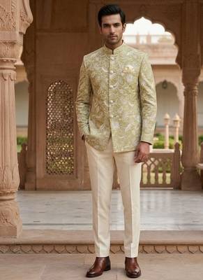 Beige color jecquard jodhpuri for men | premium designer bandhgala ethnic wear 2