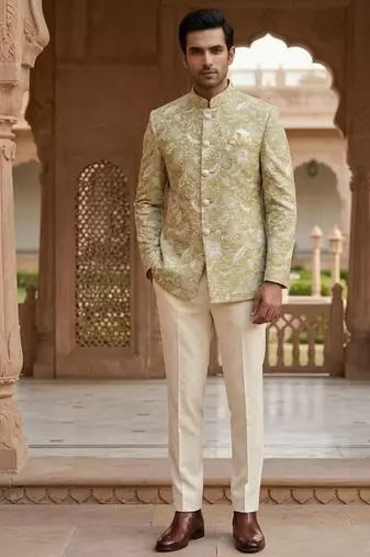 Beige color jecquard jodhpuri for men | premium designer bandhgala ethnic wear