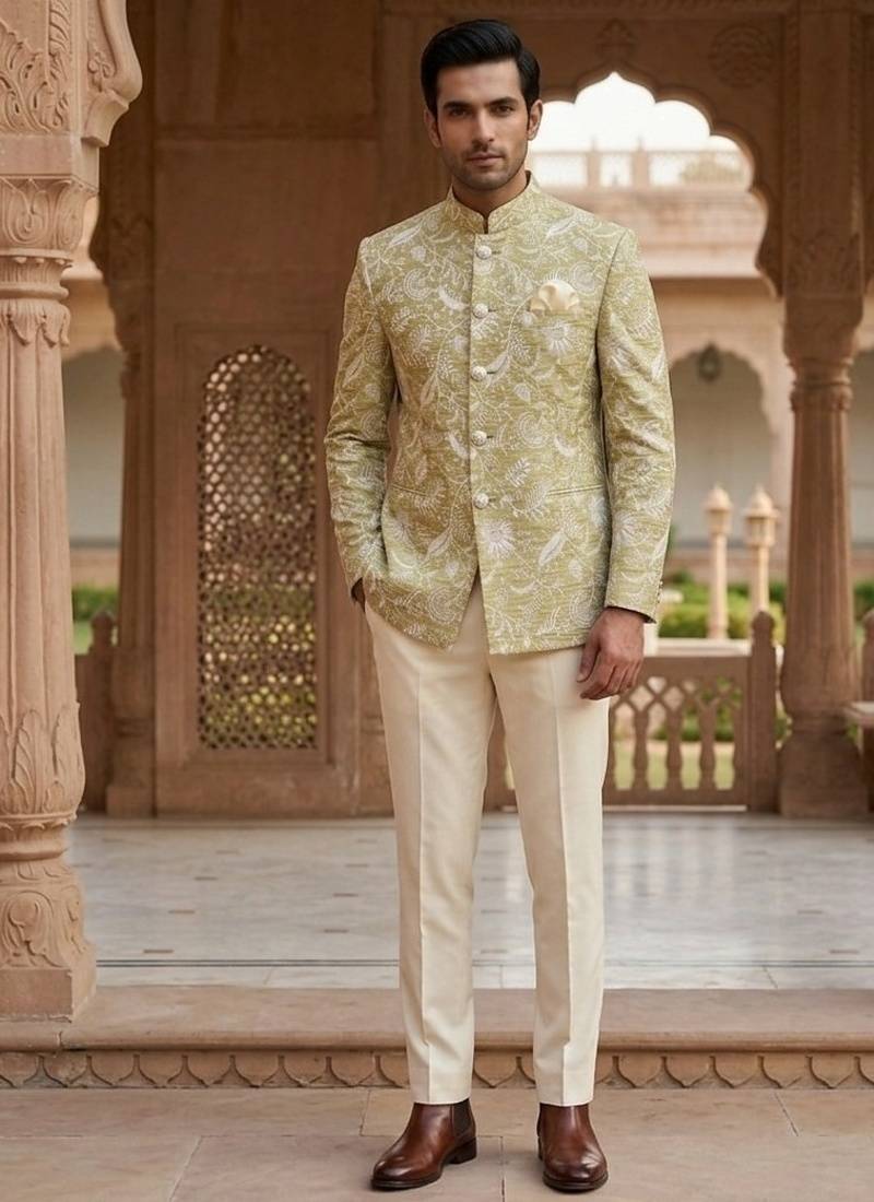 Beige color jecquard jodhpuri for men | premium designer bandhgala ethnic wear