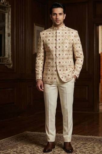Cream color jodhpuri with maroon color touchup embroidery for men | premium designer bandhgala ethnic wear