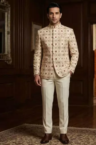 Cream color jodhpuri with maroon color touchup embroidery for men | premium designer bandhgala ethnic wear