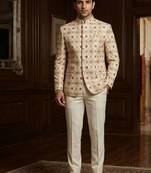 Cream color jodhpuri with maroon color touchup embroidery for men | premium designer bandhgala ethnic wear