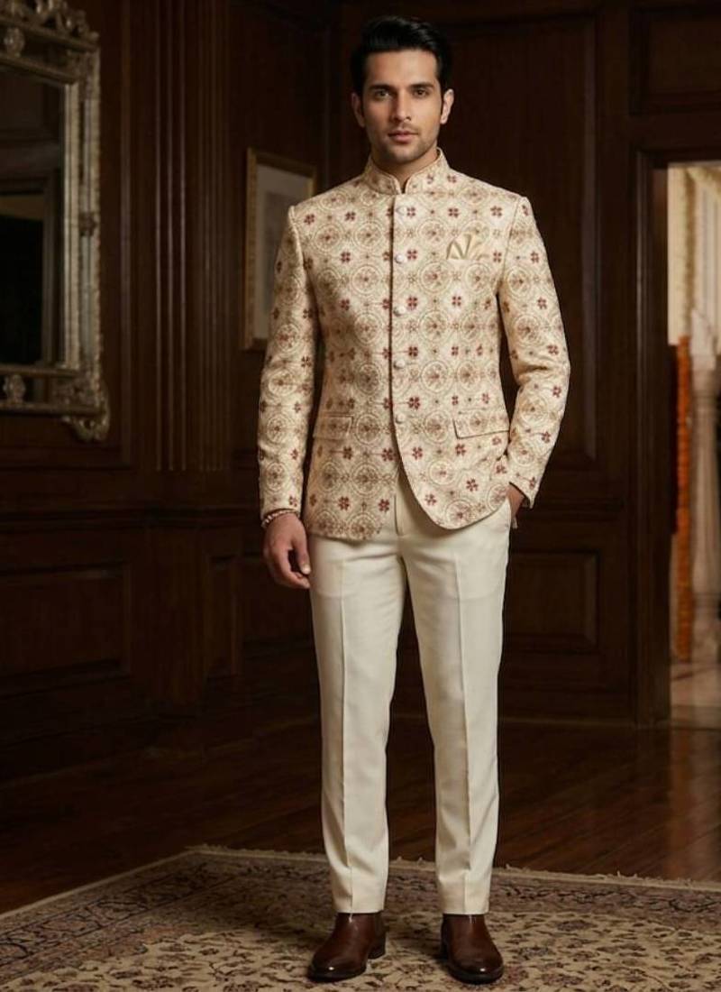 Cream color jodhpuri with maroon color touchup embroidery for men | premium designer bandhgala ethnic wear