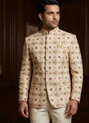 Cream color jodhpuri with maroon color touchup embroidery for men | premium designer bandhgala ethnic wear 2