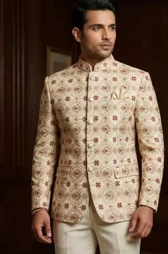 Cream color jodhpuri with maroon color touchup embroidery for men | premium designer bandhgala ethnic wear