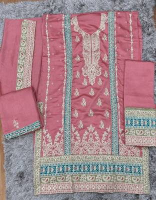Dark Peach Embroidered Silk Semi Stitched Salwar Suit 3