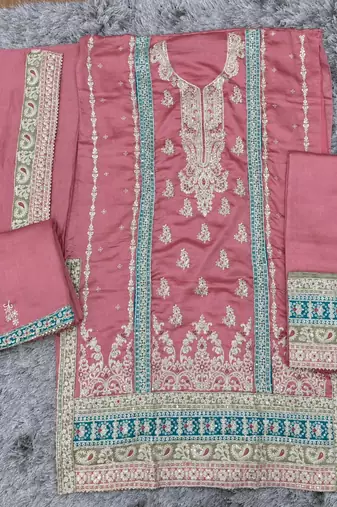 Dark Peach Embroidered Silk Semi Stitched Salwar Suit