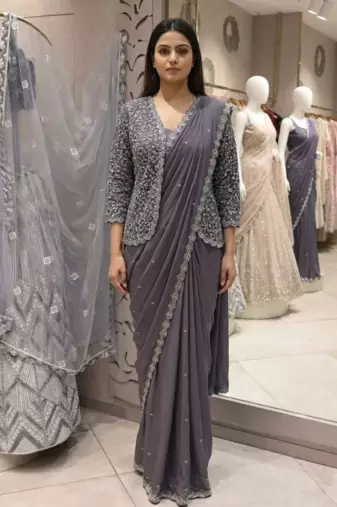 dark lavender embroidery creap satin ready to wear saree