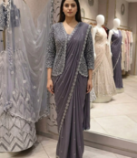 dark lavender embroidery creap satin ready to wear saree
