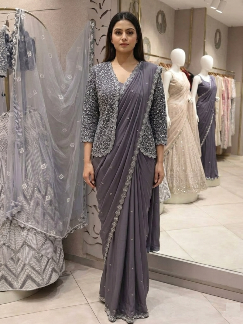 dark lavender embroidery creap satin ready to wear saree