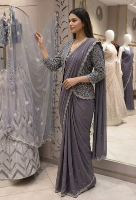 dark lavender embroidery creap satin ready made saree 2