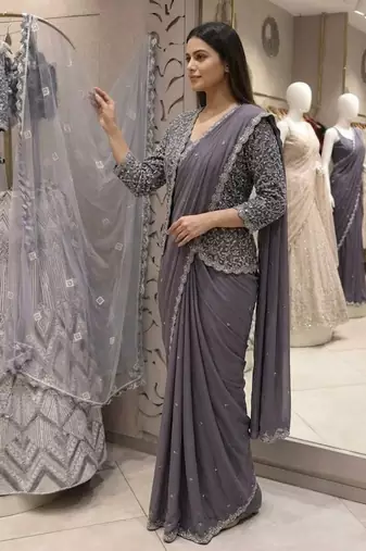 dark lavender embroidery creap satin ready made saree